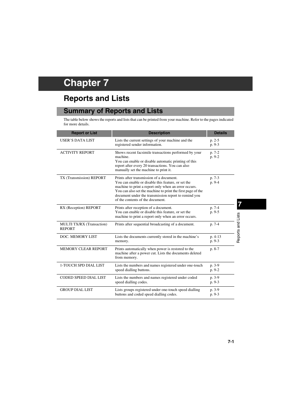 Chapter 7, Reports and lists, Summary of reports and lists | Canon MPC600F/400 User Manual | Page 55 / 82