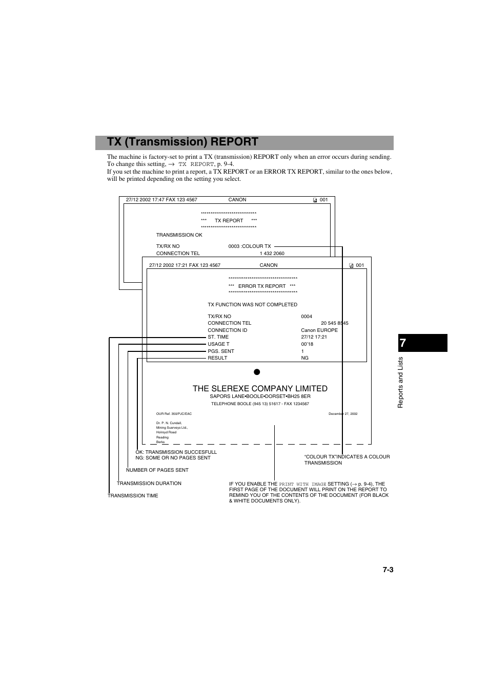 Tx (transmission) report, The slerexe company limited | Canon MPC600F/400 User Manual | Page 57 / 82