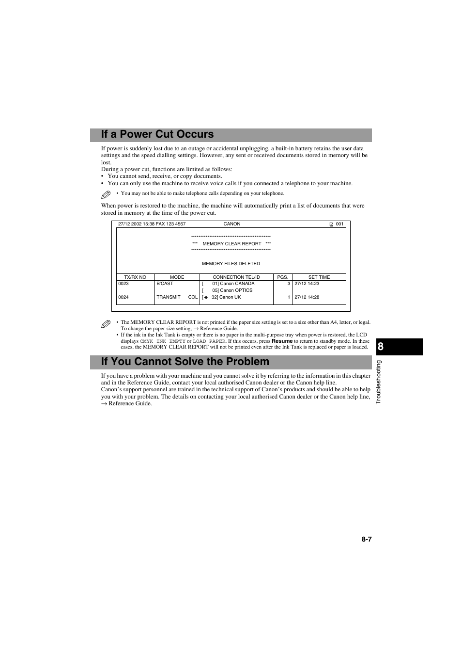 If a power cut occurs, If you cannot solve the problem | Canon MPC600F/400 User Manual | Page 65 / 82