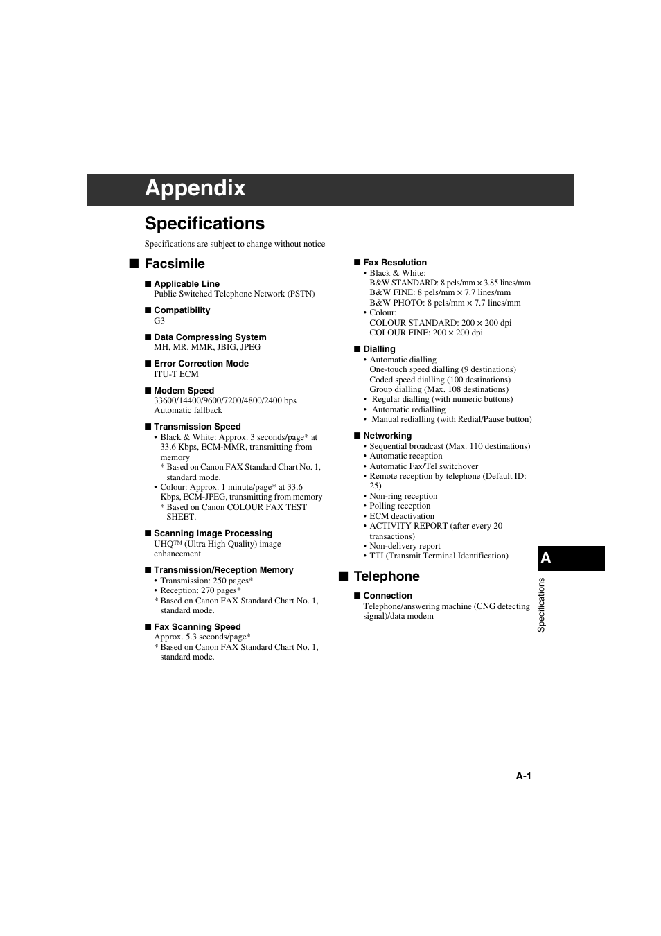 Appendix, Specifications, Facsimile | Telephone | Canon MPC600F/400 User Manual | Page 75 / 82