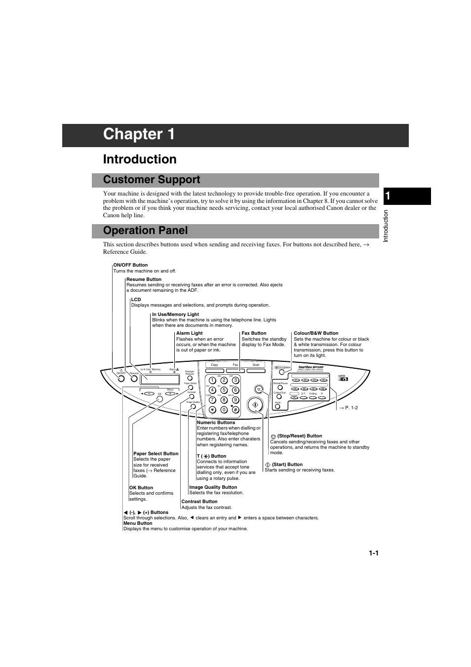 Chapter 1, Introduction, Customer support | Operation panel, Introd uct ion | Canon MPC600F/400 User Manual | Page 9 / 82