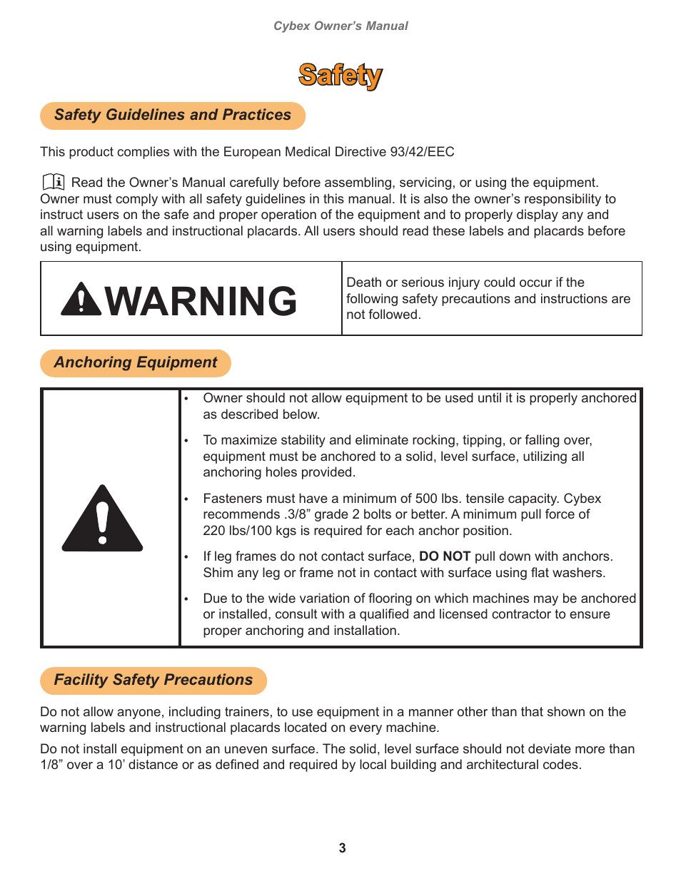 Safety, Safety guidelines and practices, Anchoring equipment | Facility safety precautions, Warning | Cybex 20000 Eagle NX Medical Chest Press User Manual | Page 3 / 20