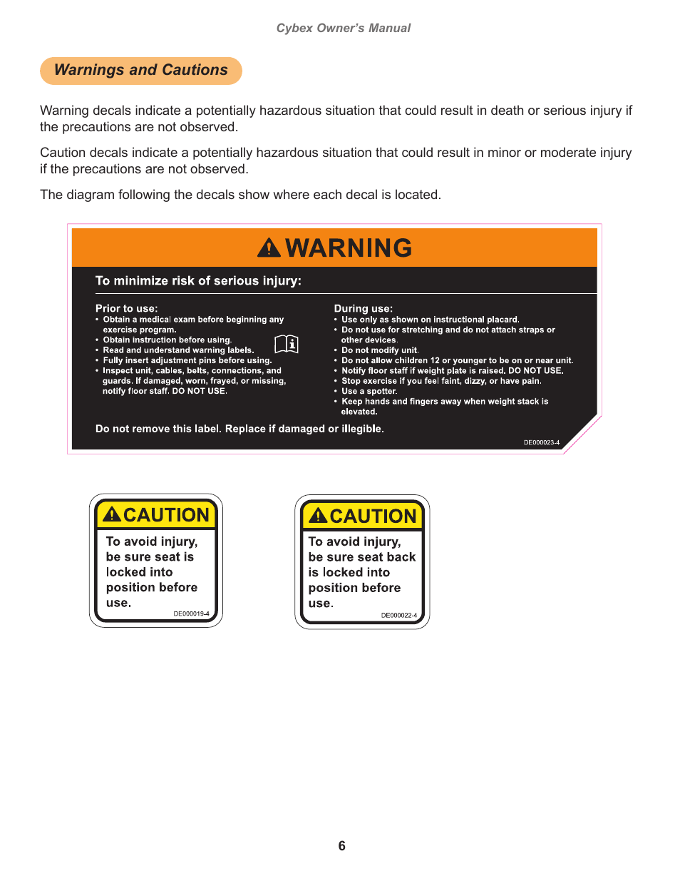 Warnings and cautions, Warning, decal english, Caution, decal english | Cybex owner’s manual, Owatonna | Cybex 20000 Eagle NX Medical Chest Press User Manual | Page 6 / 20