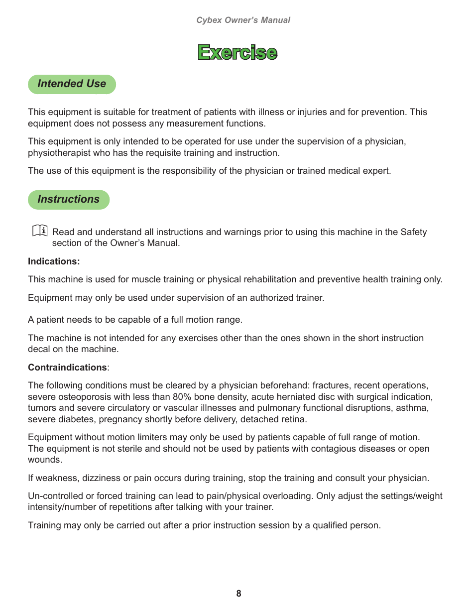 Exercise, Intended use, Instructions | Cybex 20000 Eagle NX Medical Chest Press User Manual | Page 8 / 20