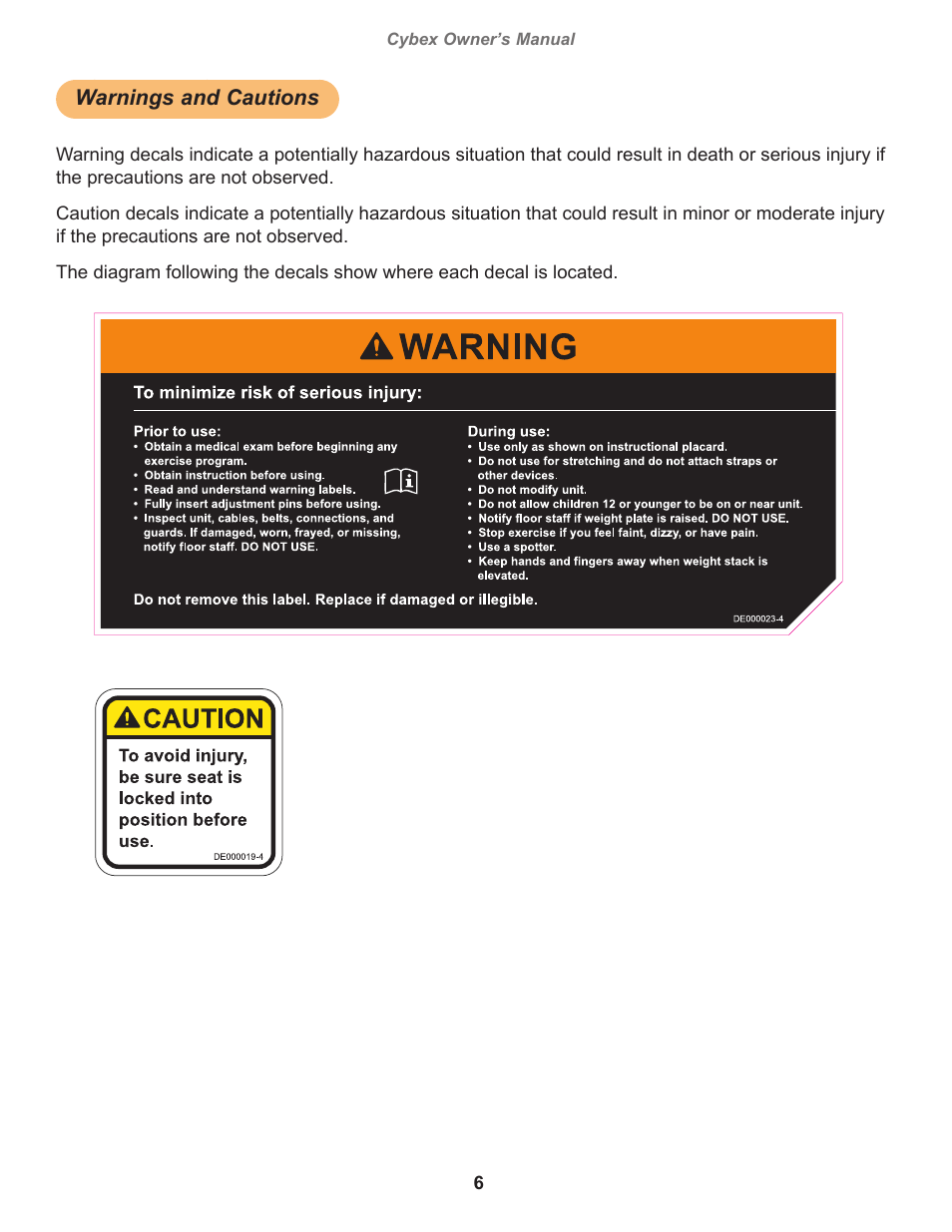 Warnings and cautions, Warning, decal english, Caution, decal english | Cybex owner’s manual, Owatonna | Cybex 20010 Eagle NX Medical Overhead Press User Manual | Page 6 / 20