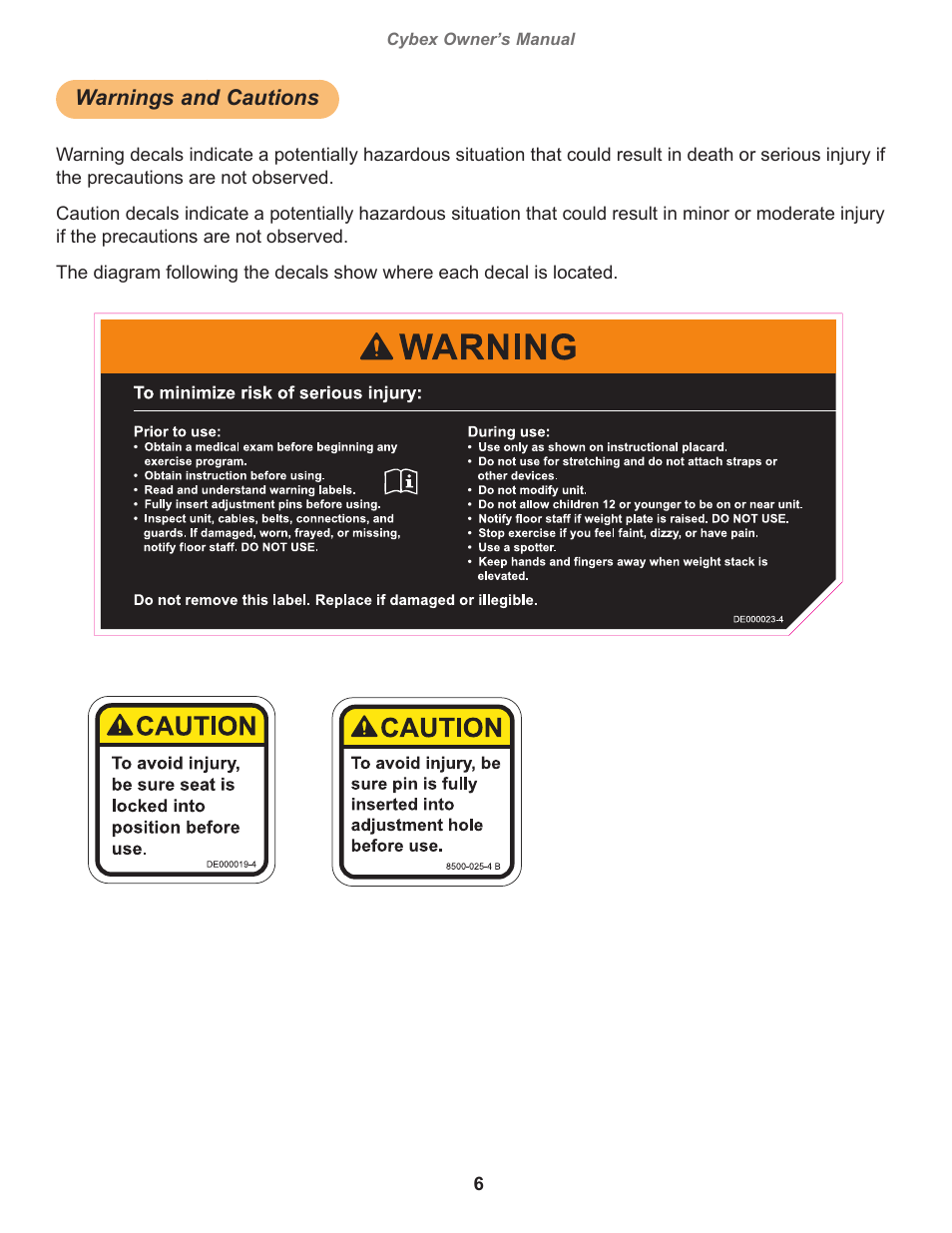 Warnings and cautions, Warning, decal english, Caution, decal english | Cybex owner’s manual, Owatonna | Cybex 20030 Eagle NX Medical Row User Manual | Page 6 / 20