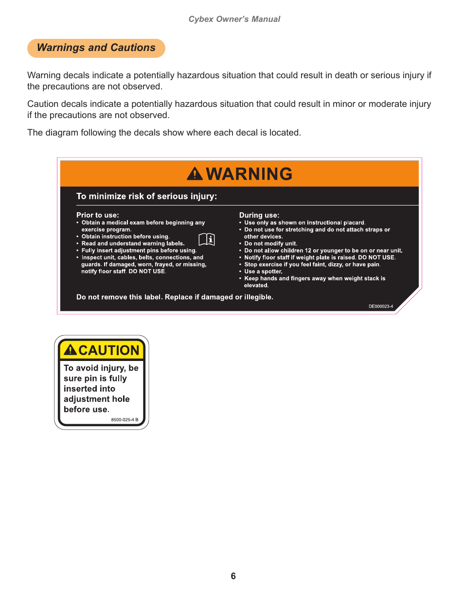 Warnings and cautions, Warning, decal english, Cybex owner’s manual | Owatonna | Cybex 20040 Eagle NX Medical Leg Press Eagle NX Medical User Manual | Page 6 / 20