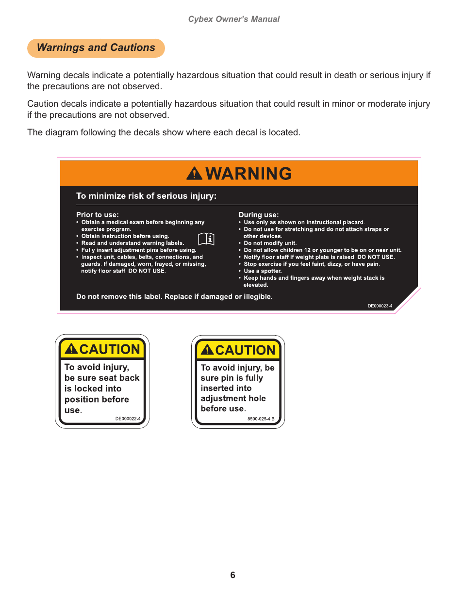 Warnings and cautions, Caution, decal english, Warning, decal english | Cybex owner’s manual, Owatonna | Cybex 20060 Eagle NX Medical Seated Leg Curl Eagle NX Medical User Manual | Page 6 / 20