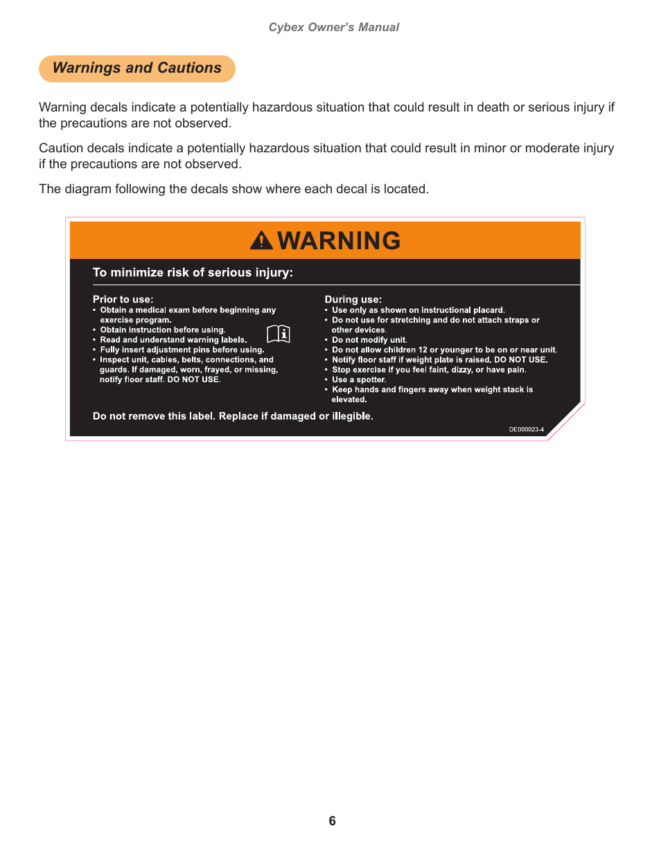 Warnings and cautions, Warning, decal english, Cybex owner’s manual | Owatonna | Cybex 20070 Eagle NX Medical Arm Curl Eagle NX Medical User Manual | Page 6 / 20