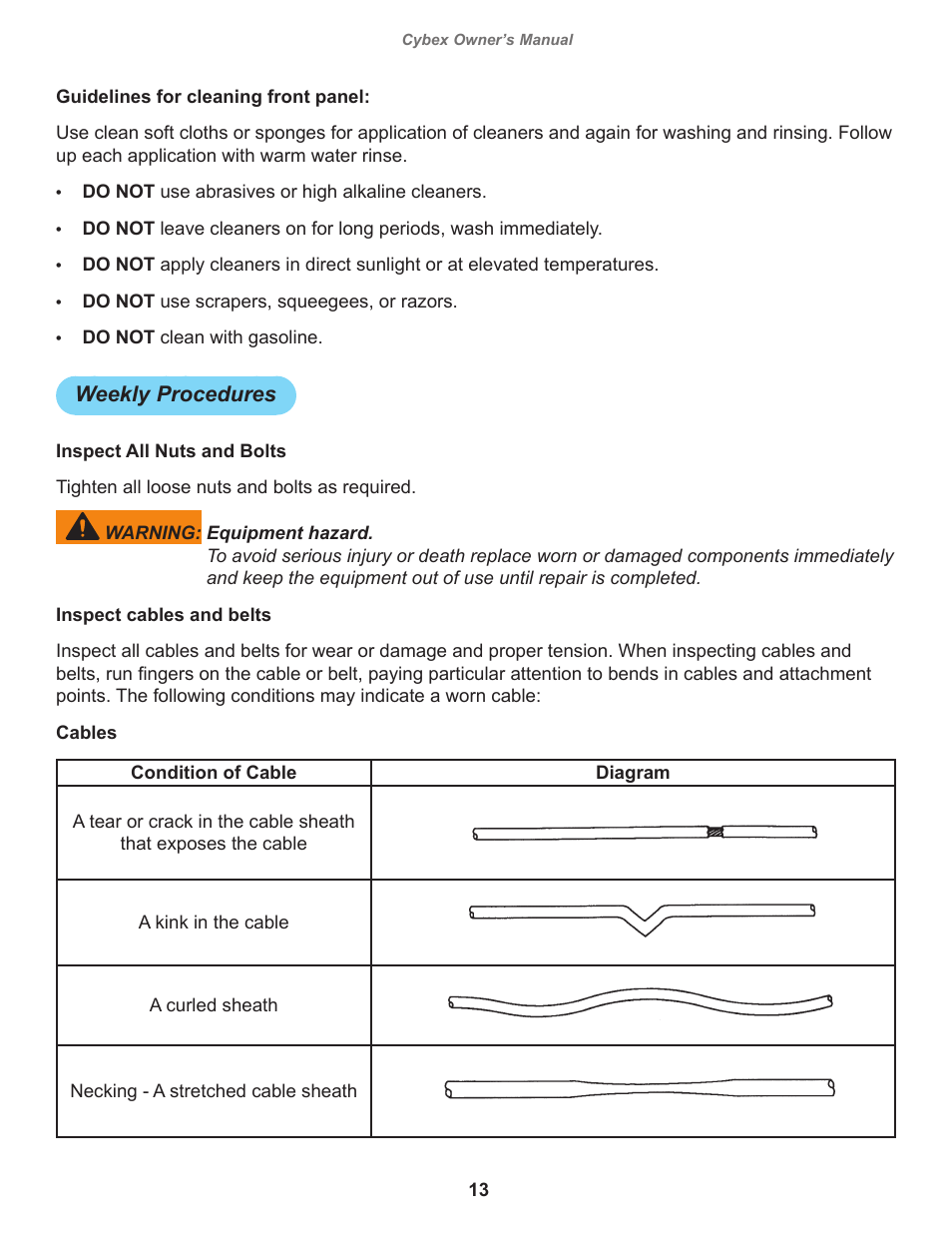 Weekly procedures | Cybex 20080 Eagle NX Medical Arm Extension Eagle NX Medical User Manual | Page 13 / 20