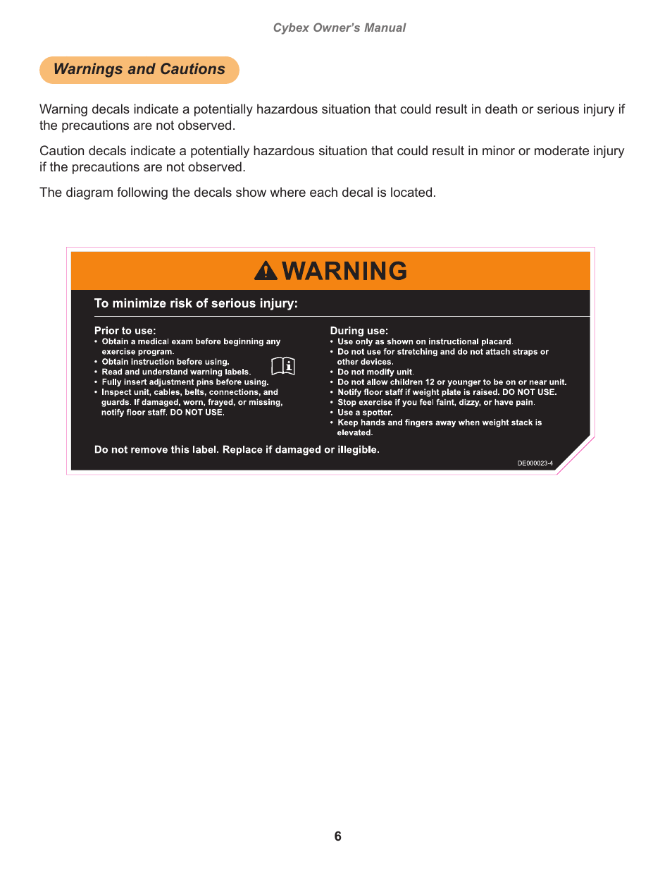 Warnings and cautions, Warning, decal english, Cybex owner’s manual | Owatonna | Cybex 20080 Eagle NX Medical Arm Extension Eagle NX Medical User Manual | Page 6 / 20