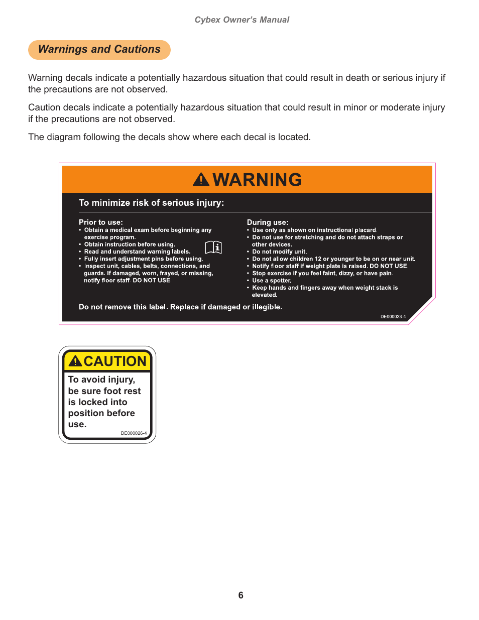 Warnings and cautions, Caution, Caution, decal english | Warning, decal english, Cybex owner’s manual, Owatonna | Cybex 20090 Eagle NX Medical Abdominal Eagle NX Medical User Manual | Page 6 / 20