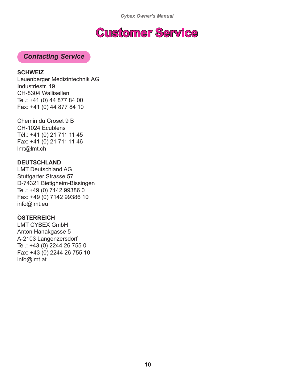 Customer service, Contacting service | Cybex 20120 Eagle NX Medical Calf Eagle NX Medical User Manual | Page 10 / 20