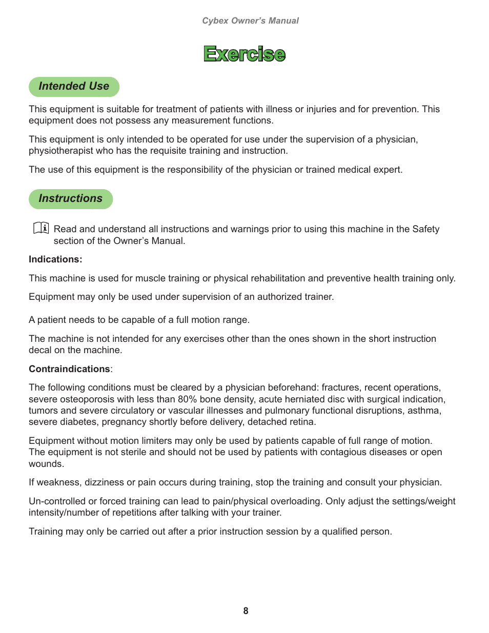 Exercise, Intended use, Instructions | Cybex 20120 Eagle NX Medical Calf Eagle NX Medical User Manual | Page 8 / 20