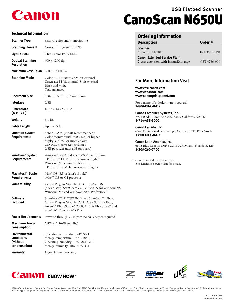 Canoscan n650u, Ordering information, For more information visit | Usb flatbed scanner | Canon CanoScan N650U User Manual | Page 2 / 2