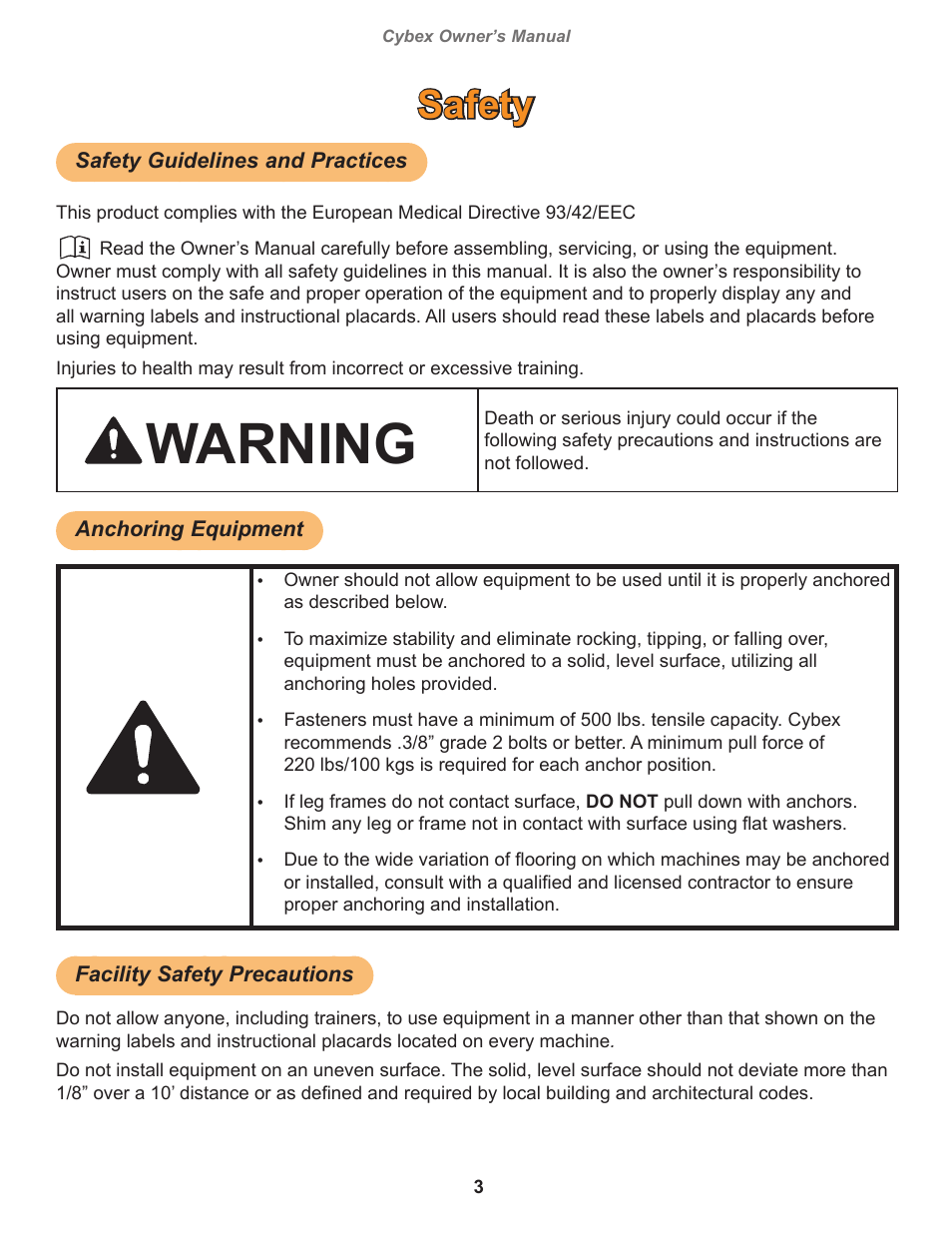 Safety, Safety guidelines and practices, Anchoring equipment | Facility safety precautions, Warning | Cybex 20170 Eagle NX Medical Lat Glute Eagle NX Medical User Manual | Page 3 / 20