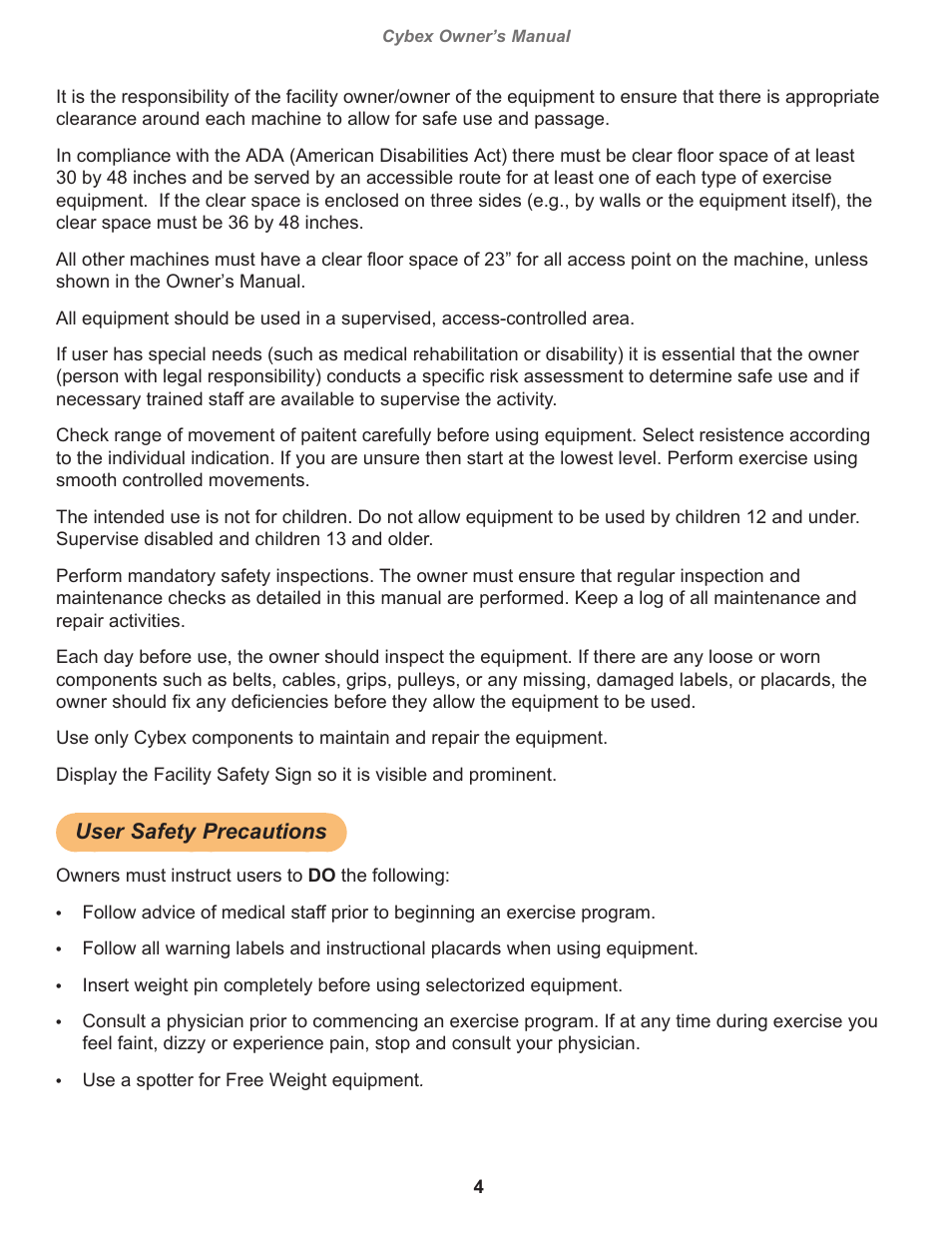 User safety precautions | Cybex 20170 Eagle NX Medical Lat Glute Eagle NX Medical User Manual | Page 4 / 20