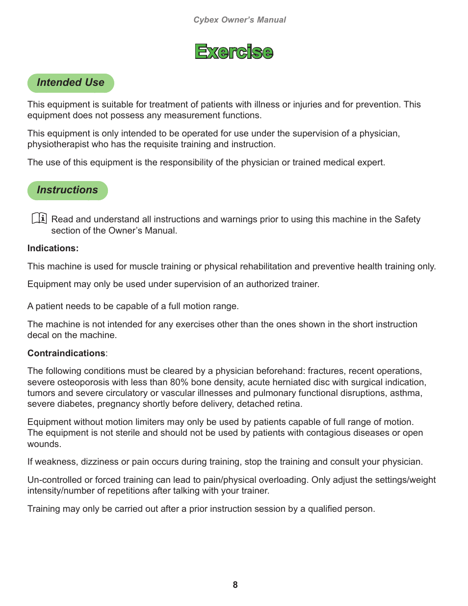 Exercise, Intended use, Instructions | Cybex 20170 Eagle NX Medical Lat Glute Eagle NX Medical User Manual | Page 8 / 20