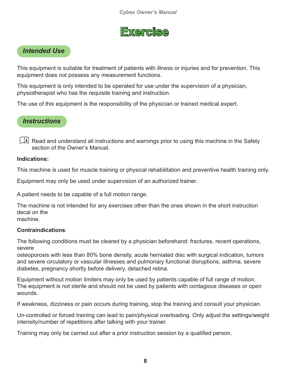 Exercise, Intended use, Instructions | Cybex 20180 Eagle NX Medical Hip AB-AD Eagle NX Medical User Manual | Page 8 / 20