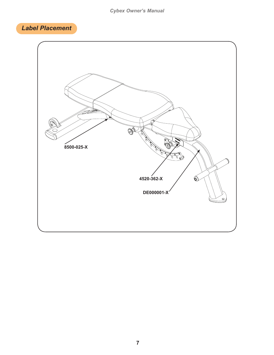 Label placement | Cybex 16000 Free Weight Adjustable Bench User Manual | Page 7 / 18
