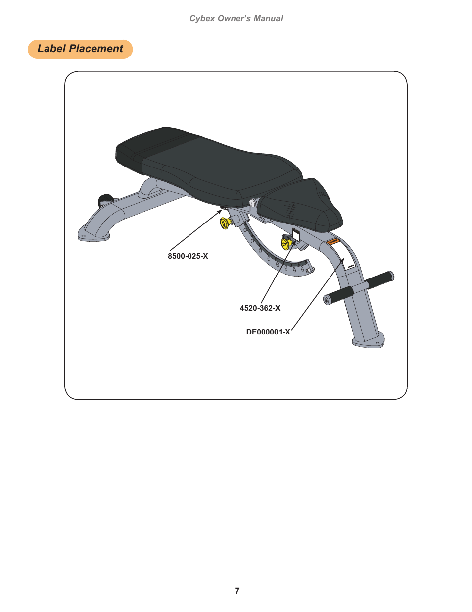 Label placement | Cybex 16001 Free Weight Adjustable Bench User Manual | Page 7 / 18