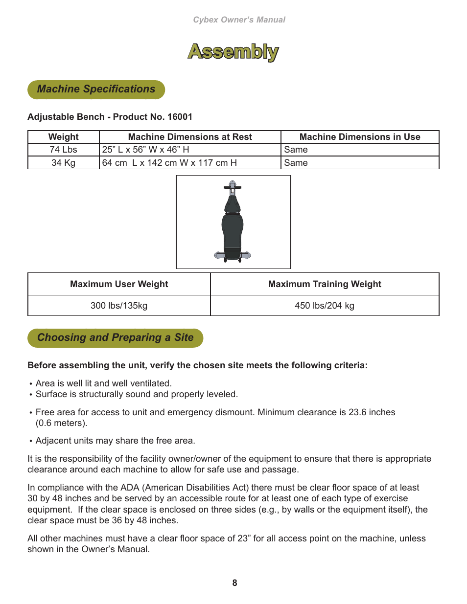 Assembly, Machine specifications, Choosing and preparing a site | Cybex 16001 Free Weight Adjustable Bench User Manual | Page 8 / 18