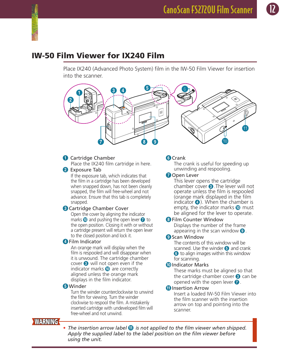 Iw-50 film viewer for ix240 film | Canon FS 2720 U User Manual | Page 12 / 30