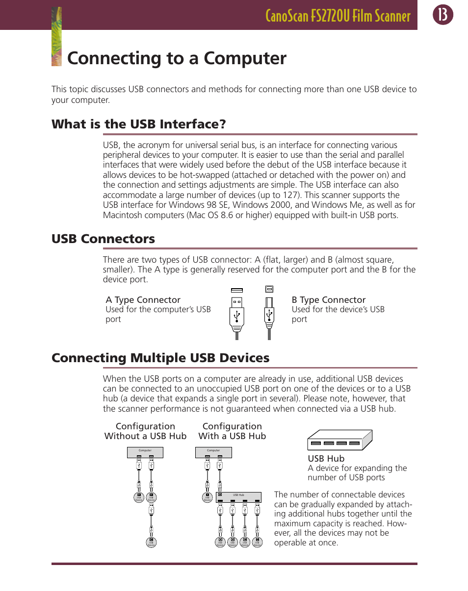 Connecting to a computer, What is the usb interface, Usb connectors | Connecting multiple usb devices, B type connector, Usb hub | Canon FS 2720 U User Manual | Page 13 / 30