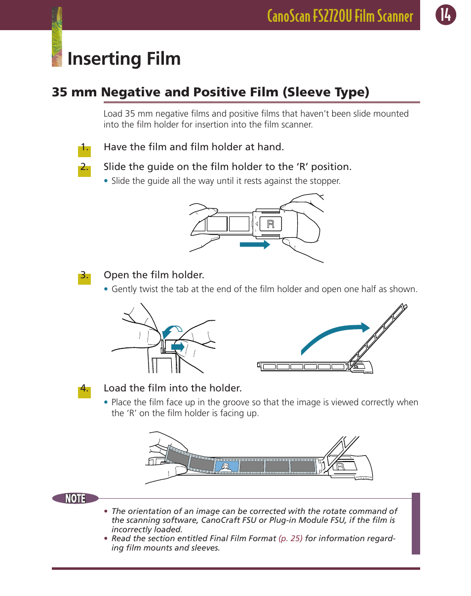 Inserting film, 35 mm negative and positive film (sleeve type) | Canon FS 2720 U User Manual | Page 14 / 30