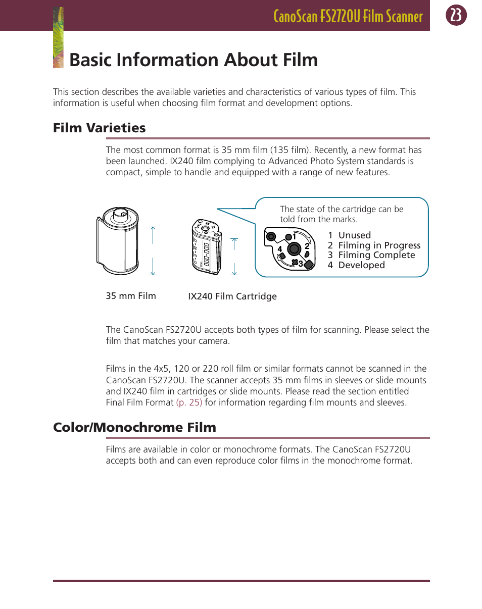 Basic information about film, Film varieties, Color/monochrome film | Canon FS 2720 U User Manual | Page 23 / 30