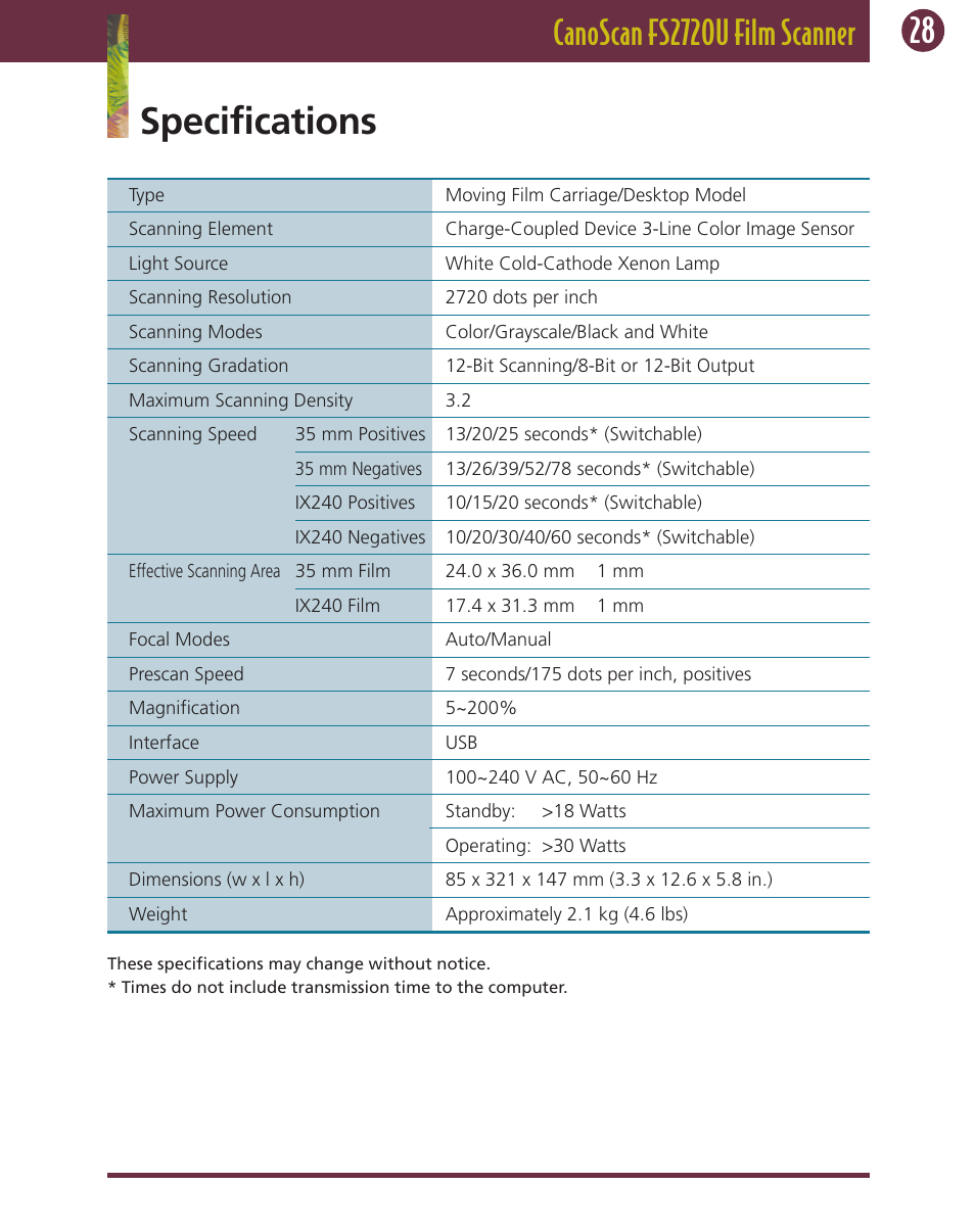 Specifications | Canon FS 2720 U User Manual | Page 28 / 30