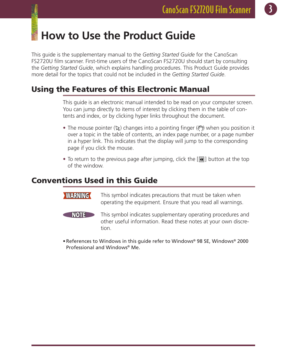 How to use the product guide, Using the features of this electronic manual, Conventions used in this guide | Canon FS 2720 U User Manual | Page 3 / 30