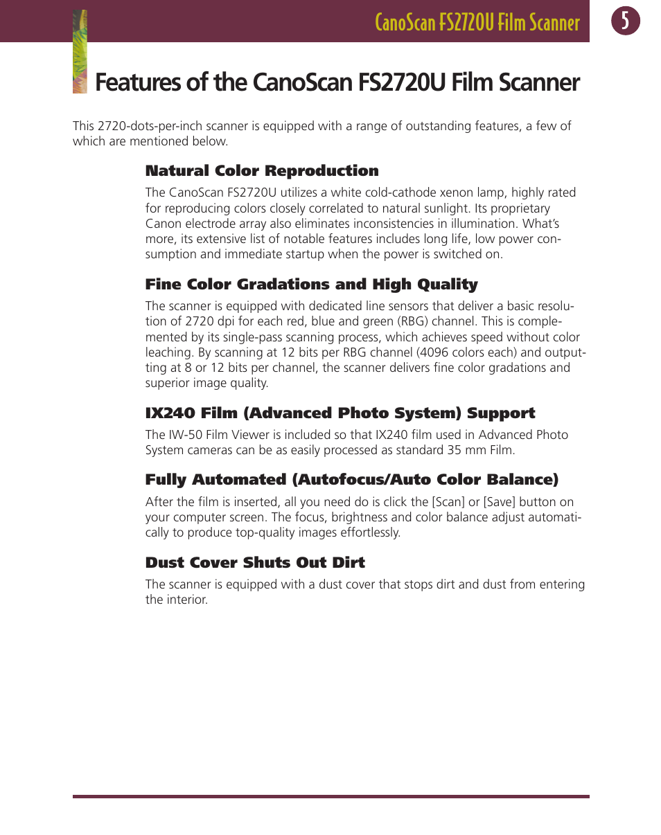 Features of the canoscan fs2720u film scanner | Canon FS 2720 U User Manual | Page 5 / 30