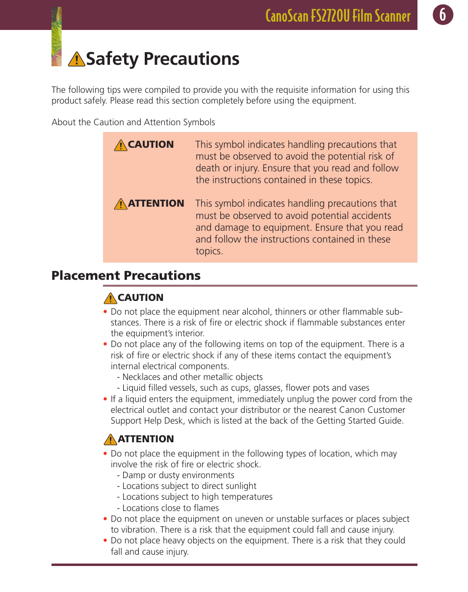 Safety precautions, Placement precautions | Canon FS 2720 U User Manual | Page 6 / 30