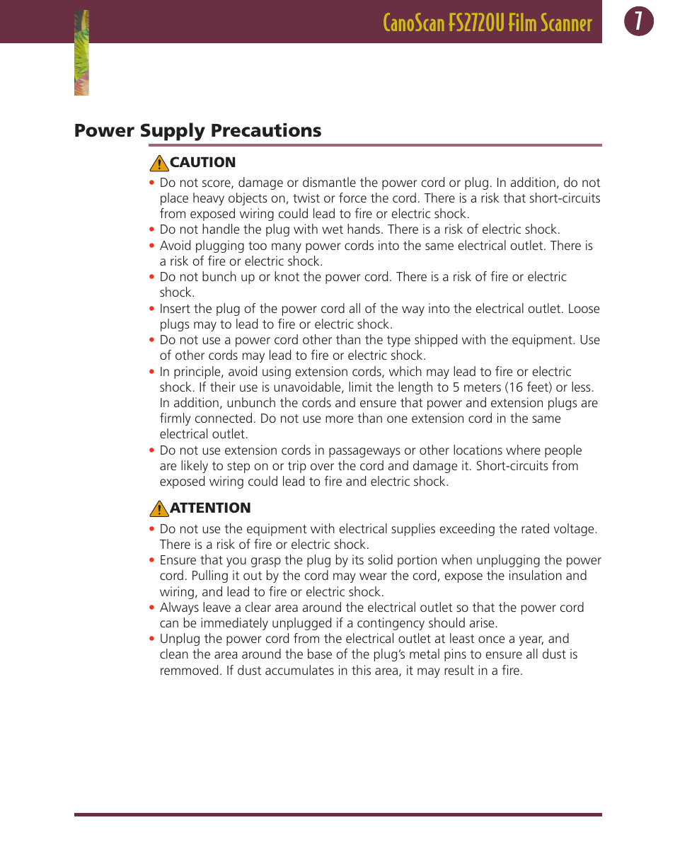 Power supply precautions | Canon FS 2720 U User Manual | Page 7 / 30