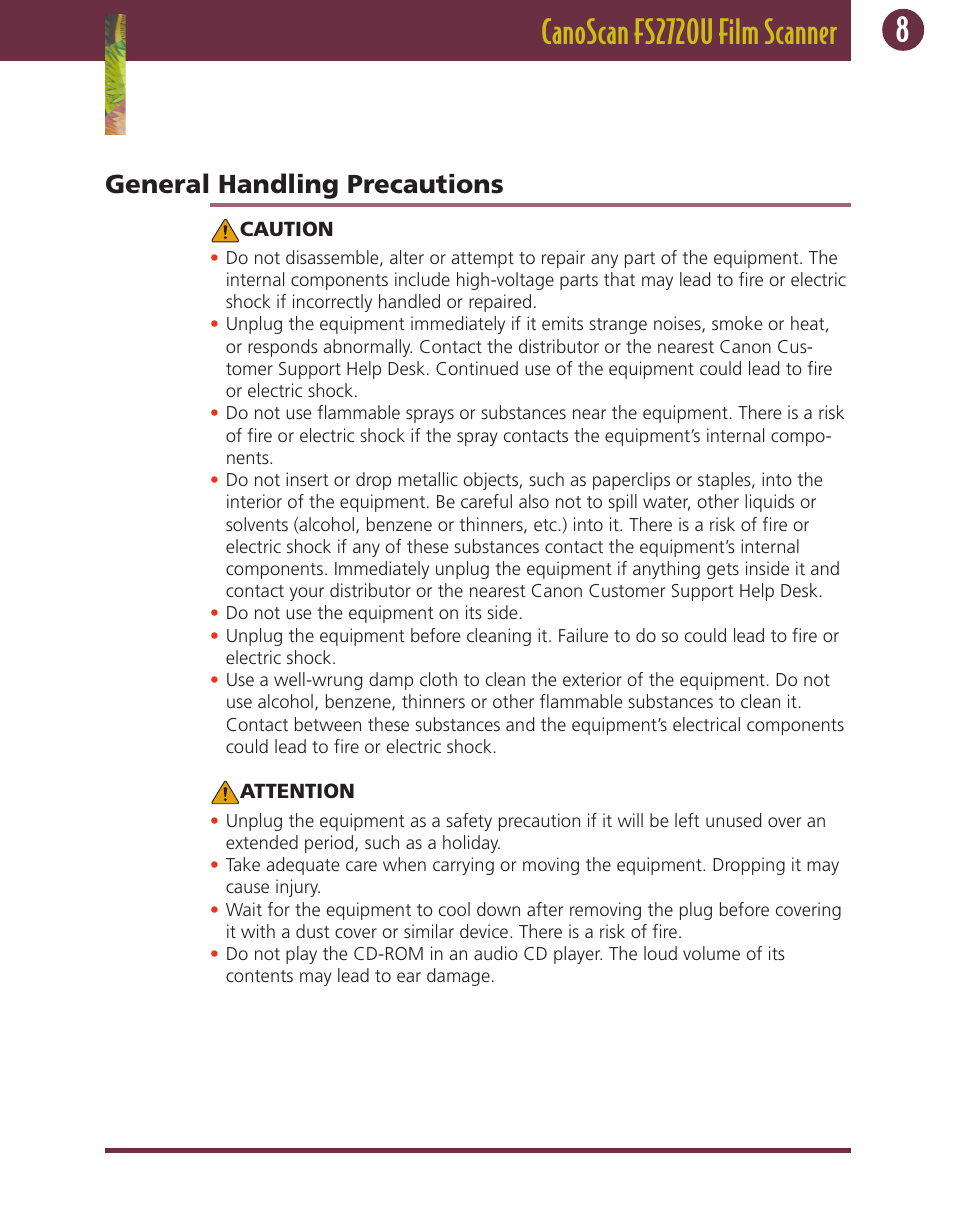 General handling precautions | Canon FS 2720 U User Manual | Page 8 / 30