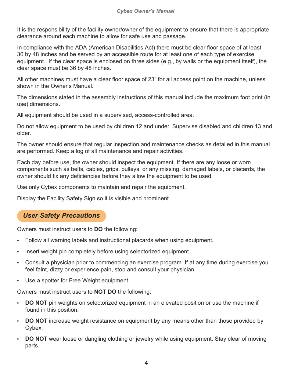 User safety precautions | Cybex 16030 Free Weight Utility Bench User Manual | Page 4 / 18