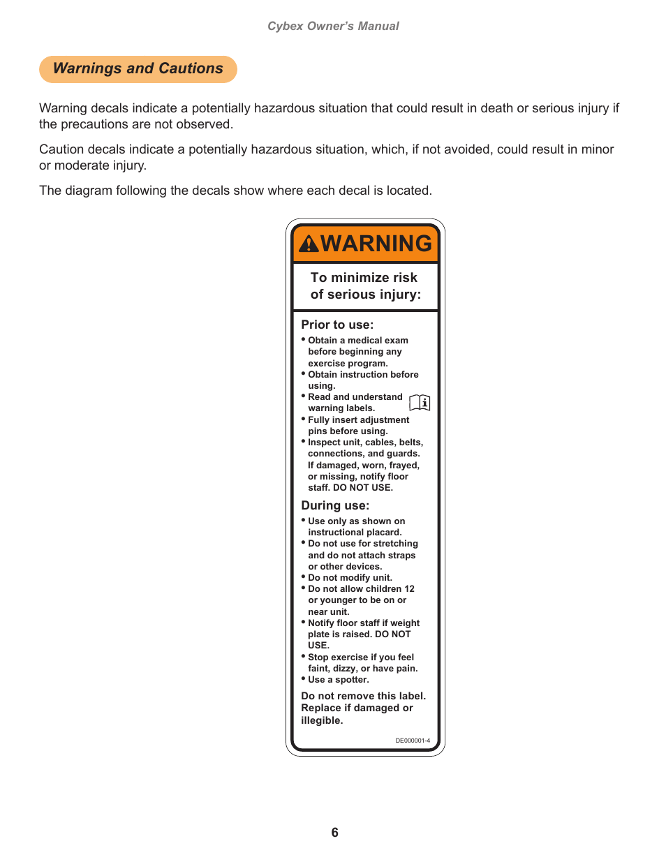Warnings and cautions, Warning, Cybex owner’s manual | Owatonna, Prior to use, During use | Cybex 16030 Free Weight Utility Bench User Manual | Page 6 / 18