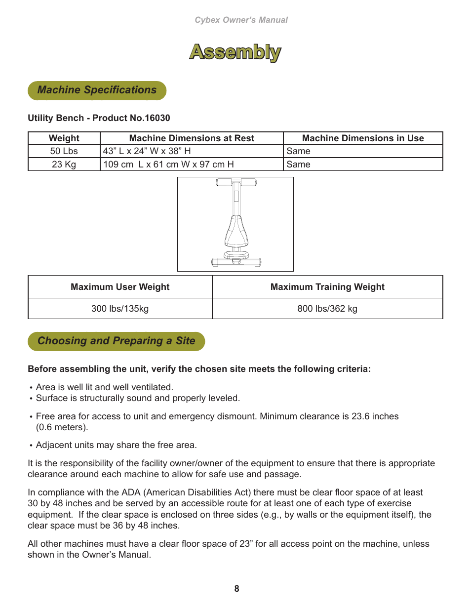 Assembly, Machine specifications, Choosing and preparing a site | Cybex 16030 Free Weight Utility Bench User Manual | Page 8 / 18