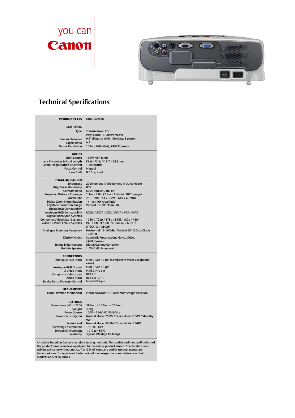 Technical specifications | Canon Lv Projector LV-7260 User Manual | Page 2 / 2