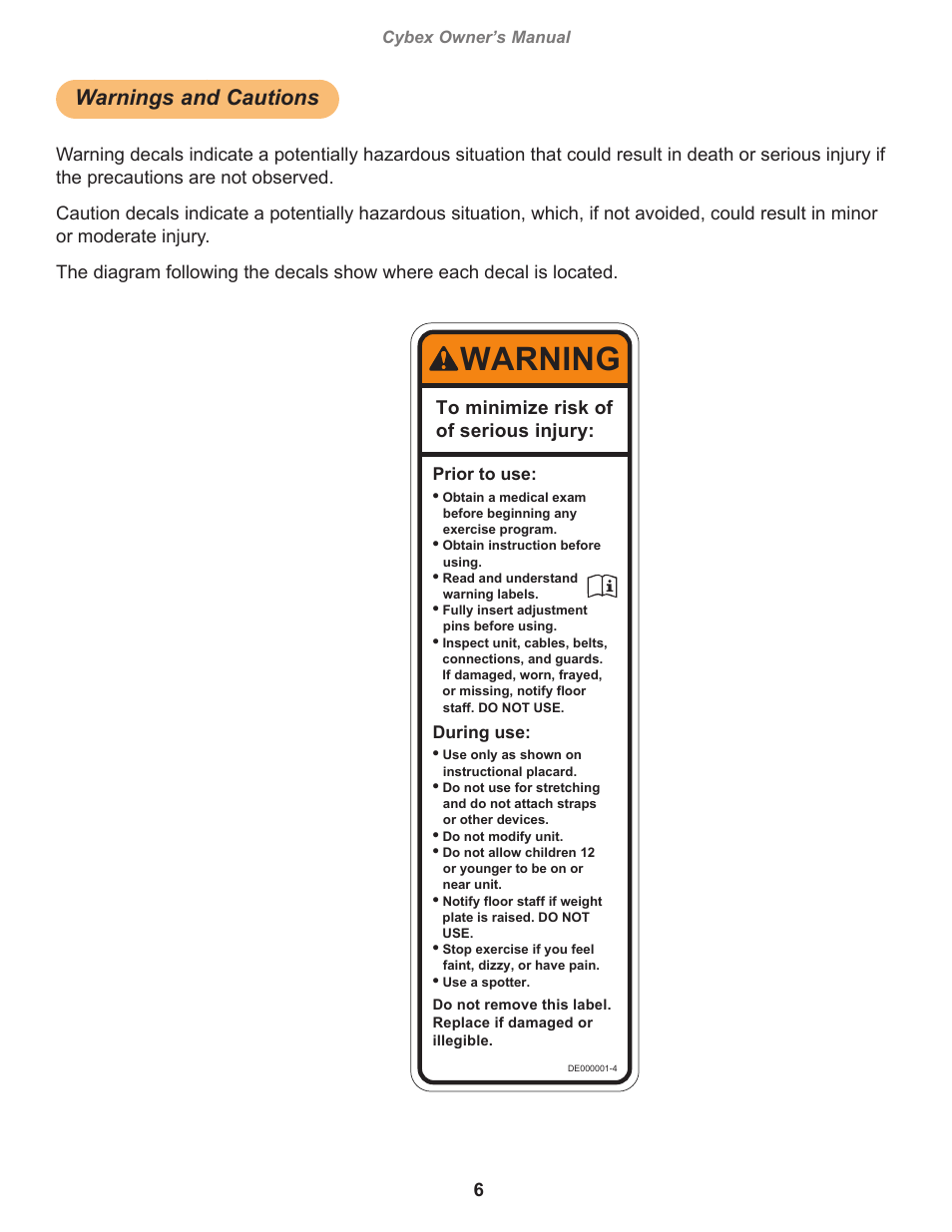 Warnings and cautions, Warning, Cybex owner’s manual | Owatonna, Prior to use, During use | Cybex 16040 Free Weight Flat Bench User Manual | Page 6 / 18