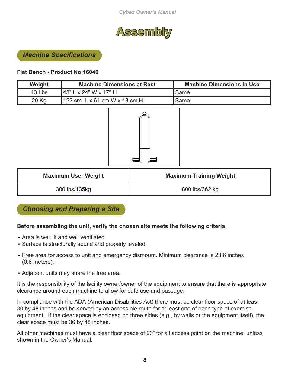 Assembly, Machine specifications, Choosing and preparing a site | Cybex 16040 Free Weight Flat Bench User Manual | Page 8 / 18