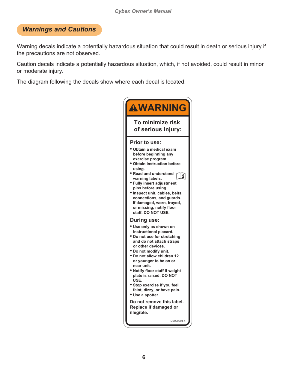 Warnings and cautions, Warning, Cybex owner’s manual | Owatonna, Prior to use, During use | Cybex 16041 Free Weight Flat Bench User Manual | Page 6 / 18