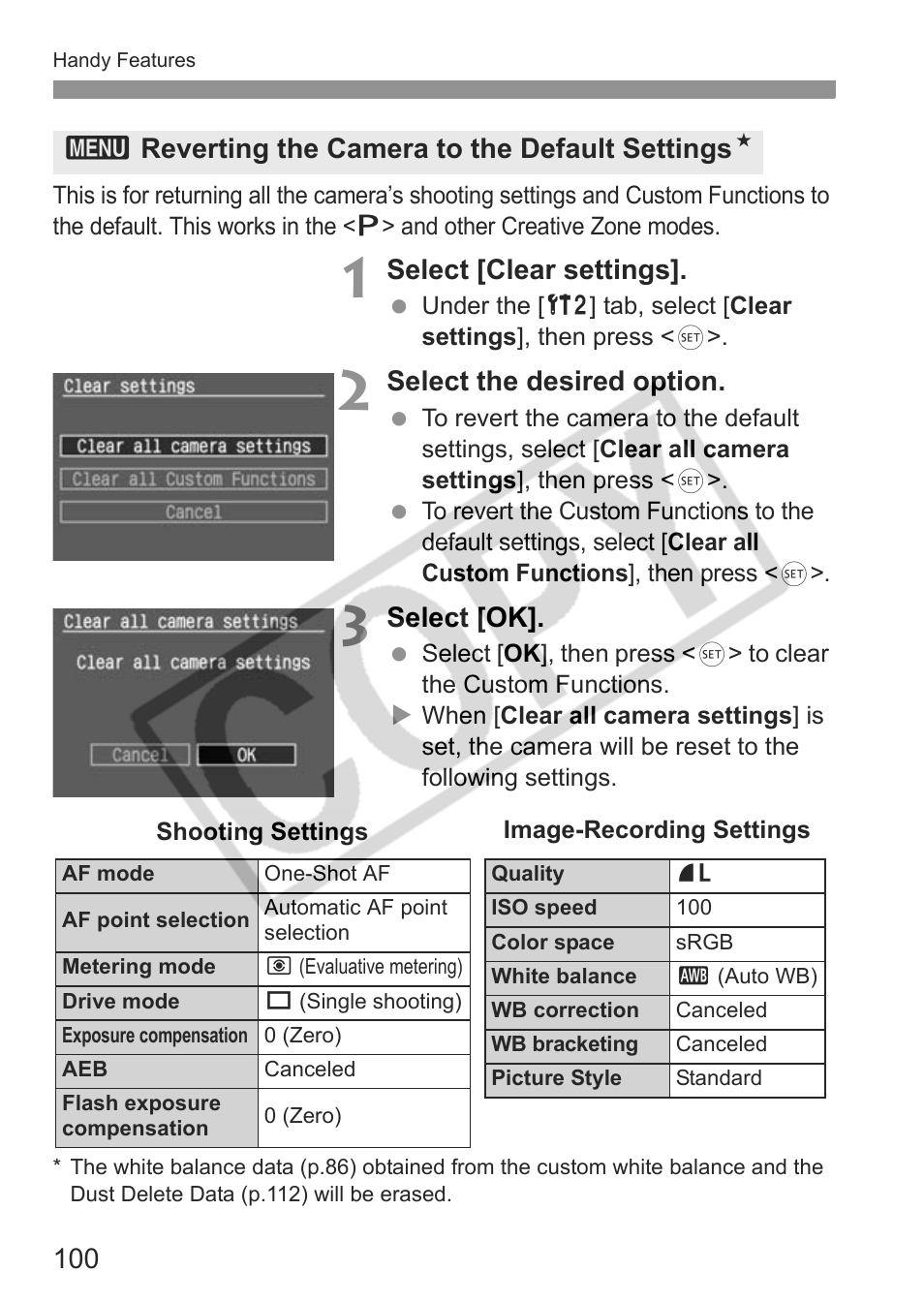 Select [clear settings, Select the desired option, Select [ok | 3reverting the camera to the default settings n | Canon EOS Rebel XTI User Manual | Page 100 / 180