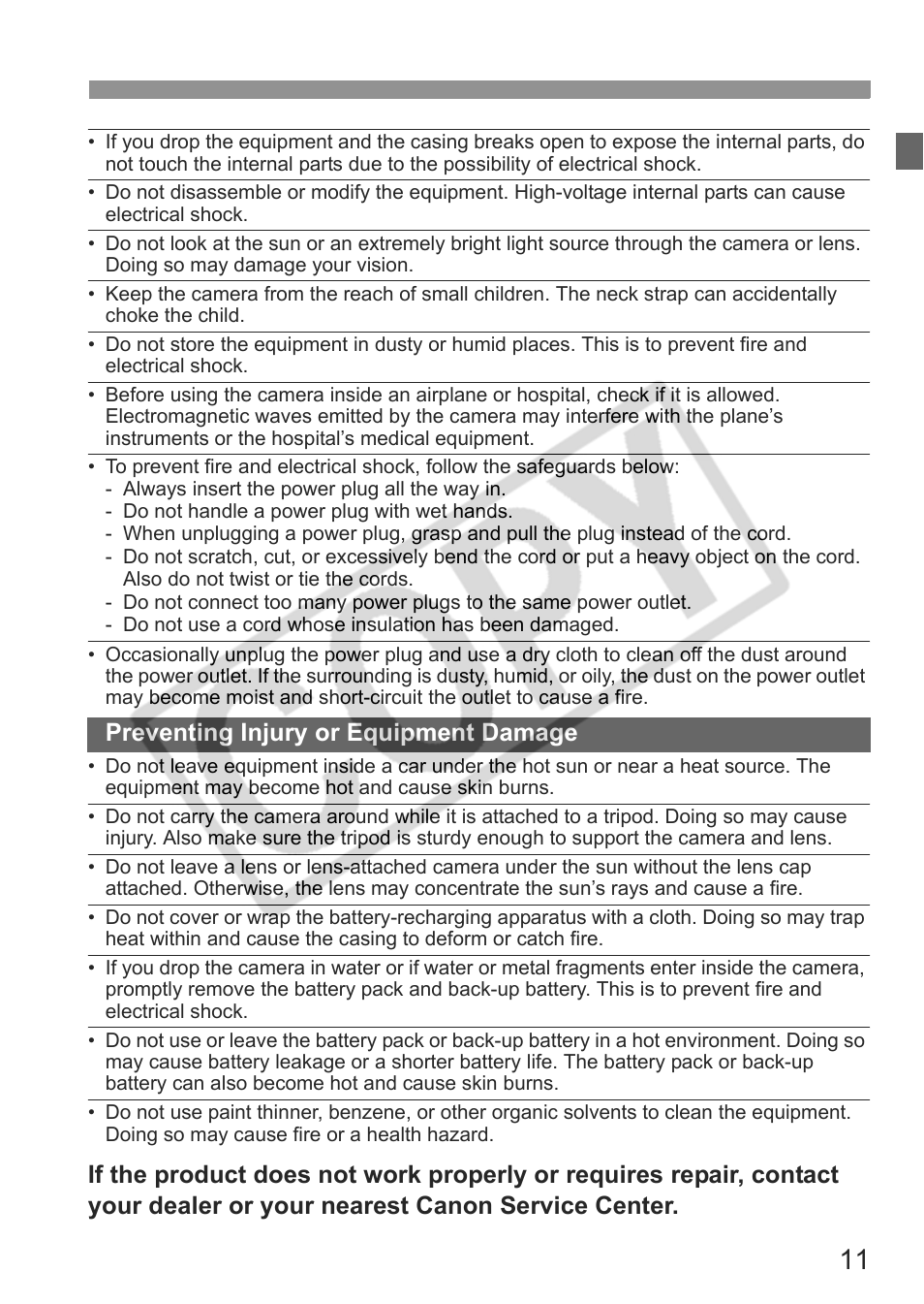 Preventing injury or equipment damage | Canon EOS Rebel XTI User Manual | Page 11 / 180