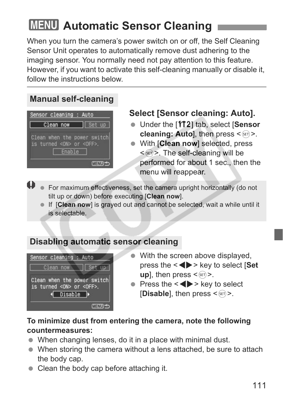 Automatic sensor cleaning | Canon EOS Rebel XTI User Manual | Page 111 / 180