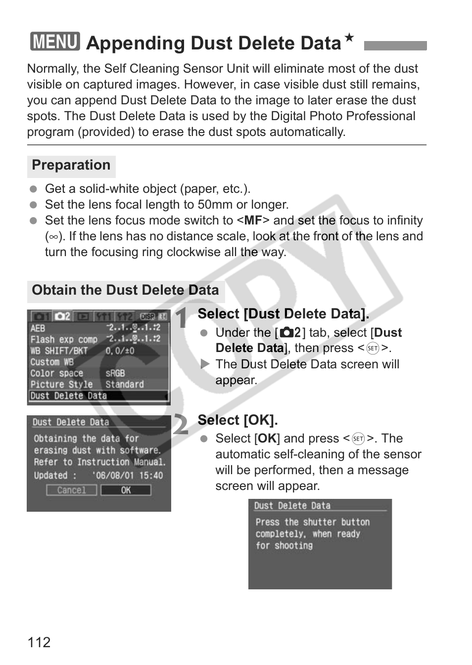 Appending dust delete data n | Canon EOS Rebel XTI User Manual | Page 112 / 180