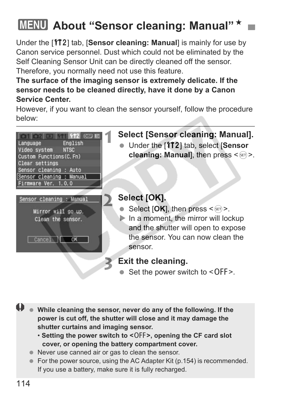 About “sensor cleaning: manual” n | Canon EOS Rebel XTI User Manual | Page 114 / 180