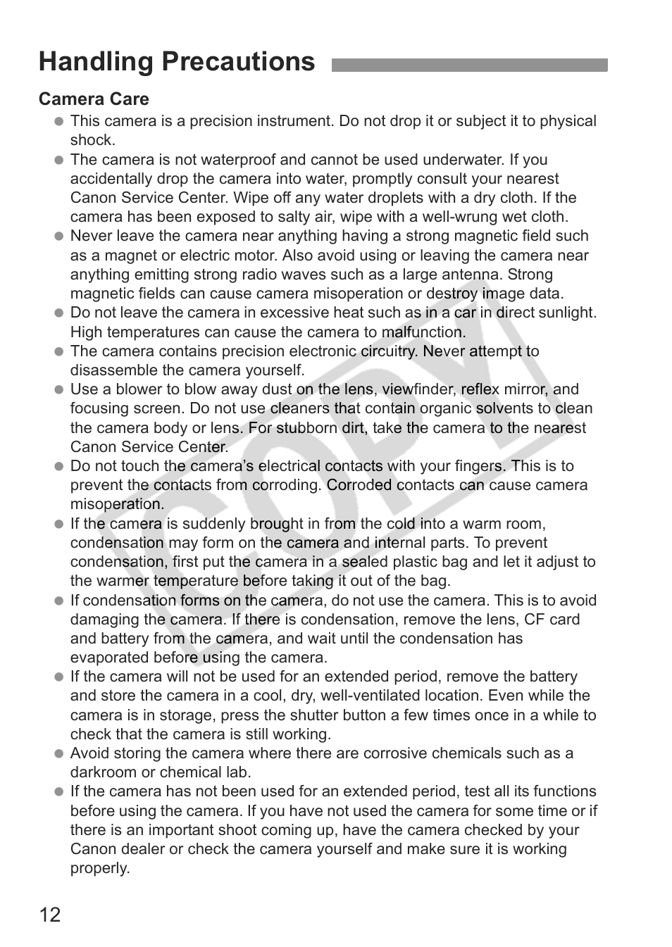 Handling precautions | Canon EOS Rebel XTI User Manual | Page 12 / 180