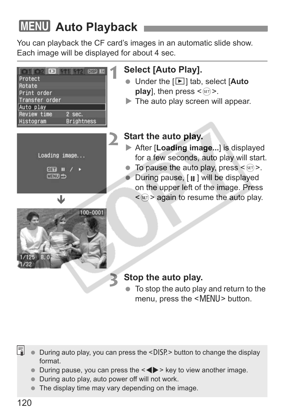 Auto playback | Canon EOS Rebel XTI User Manual | Page 120 / 180
